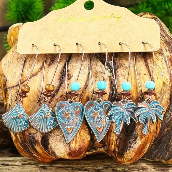 Earrings Turquoise Dangle 3pr Palm Tree Shell Tropical Bronzed Copper Unique NEW - Picture 1 of 2